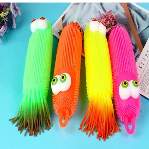 Colorful pop out eyes caterpillar squeeze toy rubber venting stress relief toy for kids.