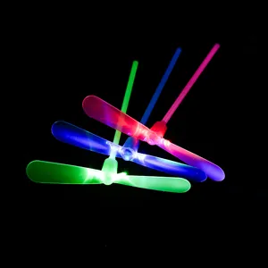 LED light up bamboo dragonfly detail view, glowing plastic flying toy with colorful flashing lights.