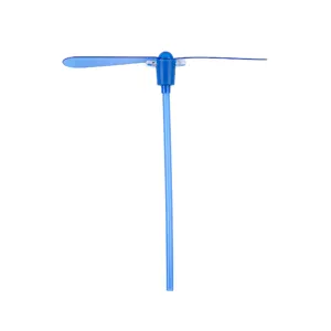 Detail view of the blue plastic classic bamboo copter toy, featuring transparent blade.