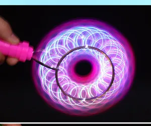 Close-up detail of the glowing magnetic spinning top showing vibrant colorful light trails.