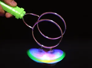 Detailed view of the magnetic spinning top showing colorful LED lights and metal ring structure.
