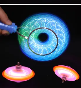Details of magic flying magnetic spinning top toy with LED lights, glowing gyro design for kids.