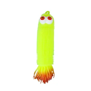 Stretchy glowing caterpillar stress toy with bulging eyes and flashing lights for fun relief.