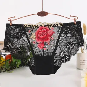 Women Sexy Lace Briefs Floral Embroidery Breathable Mid Waist Panties Comfortable Cotton Crotch Underwear