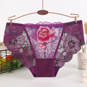 Women sexy purple lace panties with beautiful embroidered red rose floral design and breathable crotch.