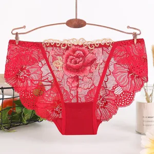 Women sexy red lace panties floral embroidery breathable cotton underwear main shot