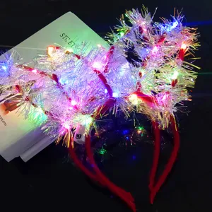 LED glowing tinsel rabbit ear headband detail view, festive party toy gift accessory.