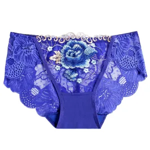 Women blue lace panties sexy floral embroidered breathable cotton crotch underwear brief