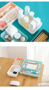 Detail shot of multi-grid plastic desk storage boxes organizing cosmetics and stationery neatly.