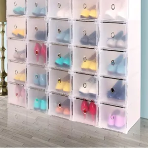 Clear plastic stackable shoe boxes drawer type storage organizer cabinet detail view