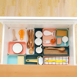 Plastic drawer divider storage box for kitchen tableware, desktop organizer, rectangular bins.