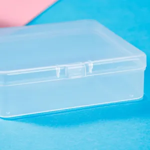 Clear plastic storage box detail, transparent square organizer container for small parts and accessories.