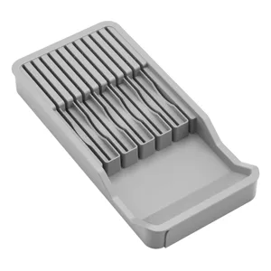 Organizador de cajón de cocina de plástico gris gran bandeja soporte para cuchillos