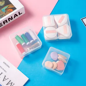 Clear plastic storage box set, square organizer containers for sewing threads and cosmetic puffs.