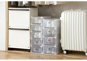 Transparent stackable plastic shoe boxes drawer design for closet organization storage bins.