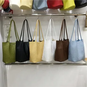 Women Fashion Woven Tote Bag Large Capacity PU Leather Shoulder Bag Casual Daily Commuter Handbag