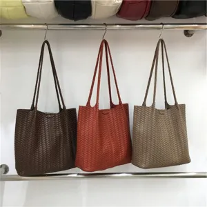 Woven tote bag for women large capacity shoulder bag casual stylish summer PU leather handbag