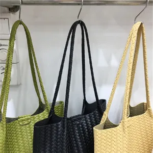 Woven shoulder tote bag stylish large capacity casual summer daily PU leather handbag for women.