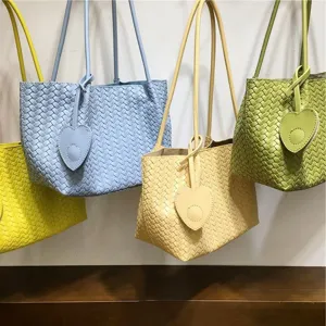 Woven leather shoulder bag casual tote underarm handbag fashion bucket bag for women