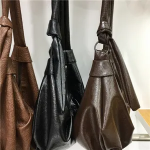 Large capacity retro soft leather pleated dumpling bag Korean lazy style casual shoulder bag.