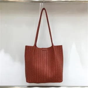 Fashionable brown woven leather tote bag for women, large capacity casual shoulder bag.