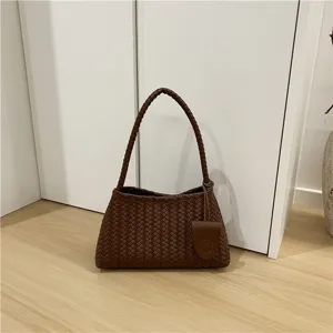 Brown woven shoulder bag underarm baguette bag chic French style elegant ladies handbag