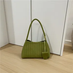 Green woven leather shoulder bag fashion stylish baguette handbag for women elegant daily wear