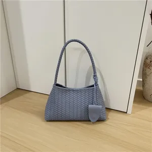 Stylish light blue woven leather shoulder bag chic underarm baguette handbag for daily use