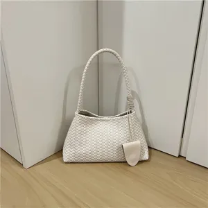 White woven leather shoulder bag chic hobo handbag minimalist french style daily use