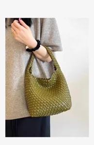 Olive green woven leather shoulder bag, handmade intrecciato style handbag for daily wear.