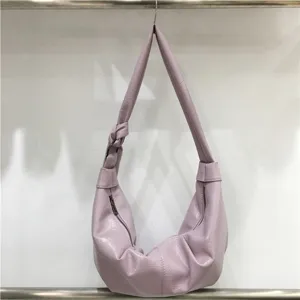 Large capacity soft leather pleated hobo bag in light purple, casual retro shoulder bag style.
