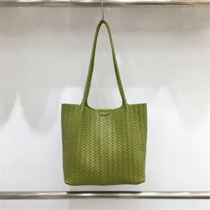 Green woven leather shoulder tote bag, stylish casual large capacity summer women handbag