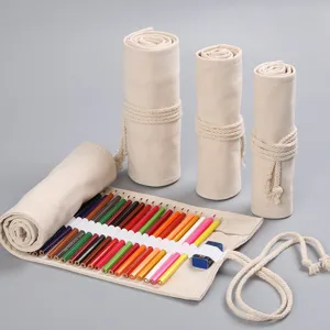 Natuerliche Leinen Stiftemappe Rollmappe mit Buntstiften und Kordelzug fur Zeichenkuenstler.