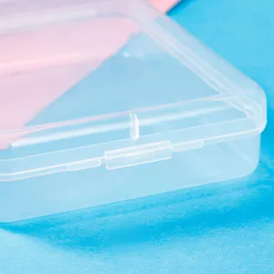 Close-up view of a clear plastic storage box, perfect for small items, clean product detail shot.