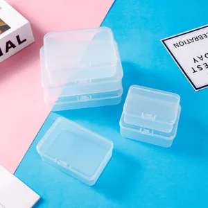 Clear plastic storage box set, rectangular and square small parts organizer containers with lids.