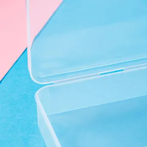 Clear plastic storage box close-up view, transparent square container detail for small parts.