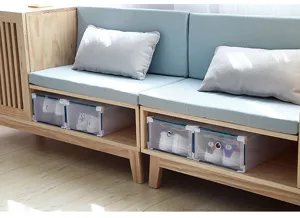 Transparent stackable plastic shoe storage box, convenient drawer design for home organization.