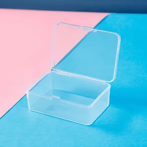 Clear plastic storage box detail, rectangular container with flip lid for small parts.