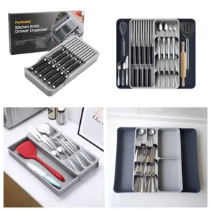 Organizador de Cajón de Cocina Bandeja de Cubiertos Extensible Soporte de Cubiertos para Cuchara Tenedor Cuchillo Caja de Almacenamiento