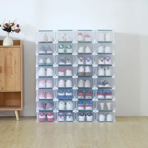 Transparent stackable plastic shoe boxes, large capacity modular shoe storage organizer.