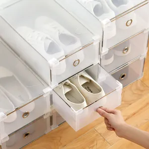 Clear plastic stackable shoe boxes drawer storage cabinet for home and entryway organization