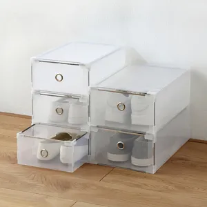 Clear stackable plastic shoe box drawer storage organizer container for home footwear display.