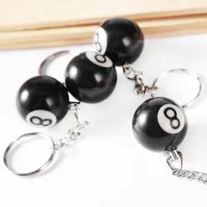 Schwarzer 8-Ball Schlüsselanhänger Set mit 25mm Billard Harz Anhängern und Metallringen.