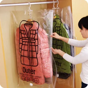 Sac de Rangement sous Vide Suspendu pour Ménage Sac de Compression Transparent pour Vêtements Doudoune Gain de Place Organisateur d'Armoire