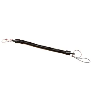 Llavero de resorte en espiral negro con mosquetón y anillo, cuerda elástica antirrobo.