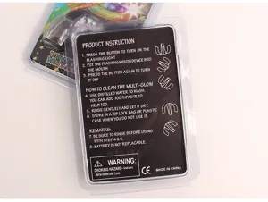 Halloween flashing tooth toy packaging instruction card, glowing party prop accessory display.