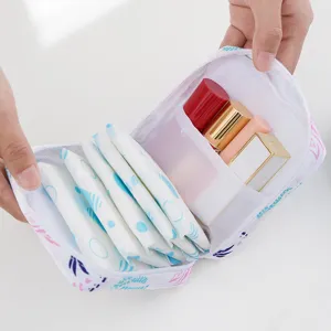 Portable nylon sanitary napkin pouch cute floral travel makeup storage bag for women
