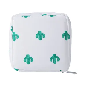 White cactus print mini storage pouch portable cosmetic and sanitary napkin organizer bag