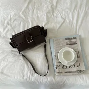 Vintage dark brown multi-pocket shoulder bag for women, trendy chic crossbody bag.