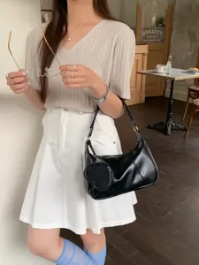 Borsa a spalla nera alla moda da donna, elegante borsa casual morbida in vera pelle.